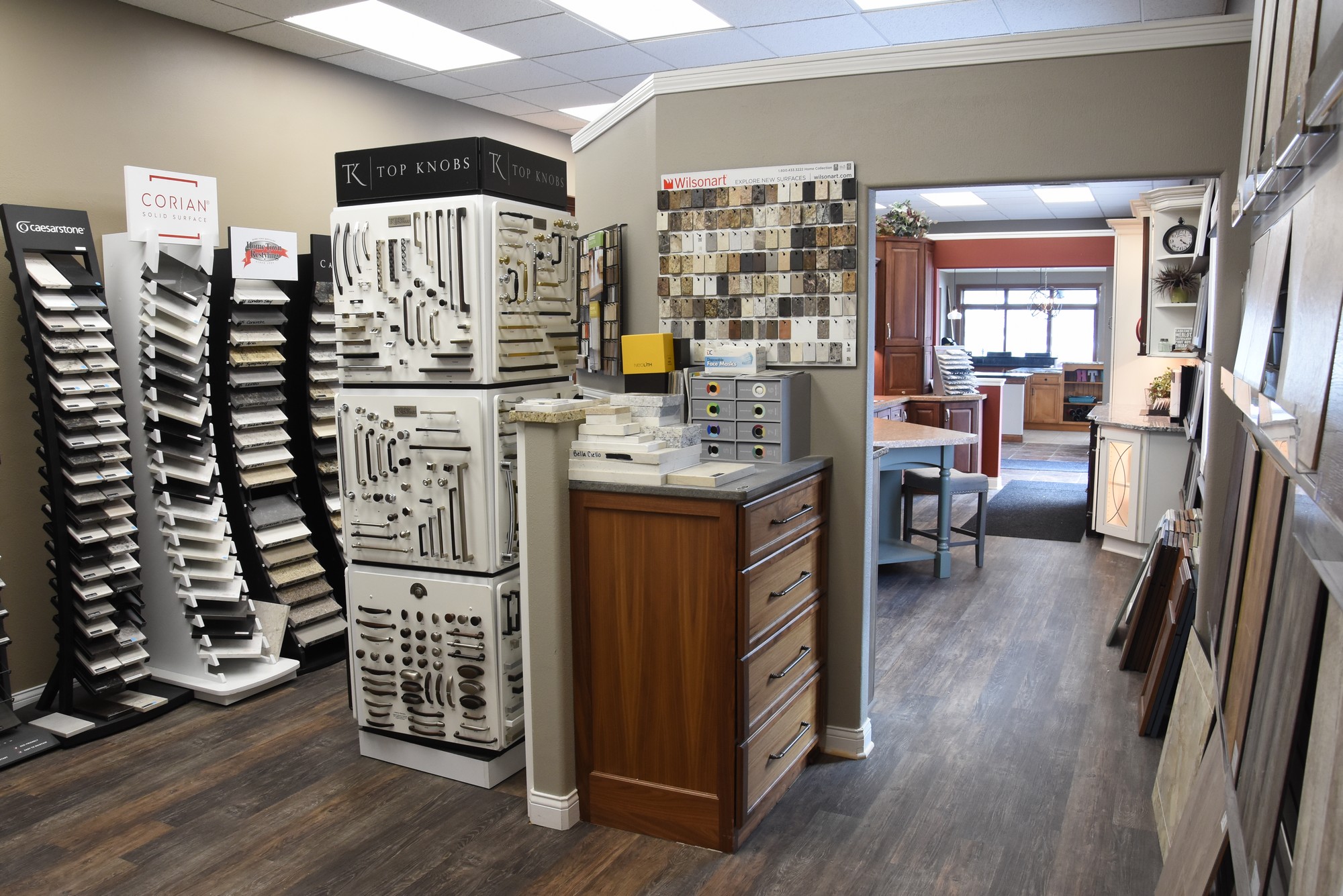 Home Town Restyling’s showroom with knobs, titles, and countertop material samples displayed