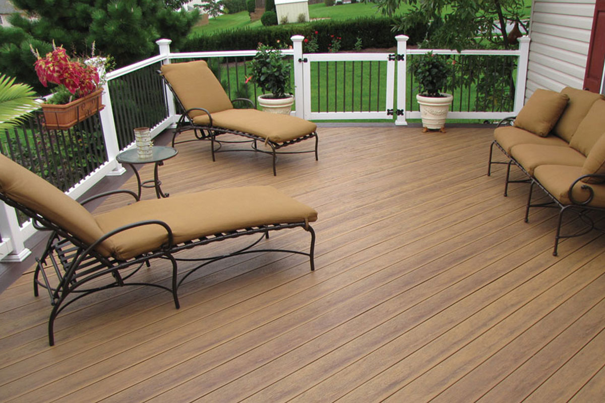 Wood deck in backyard of a house